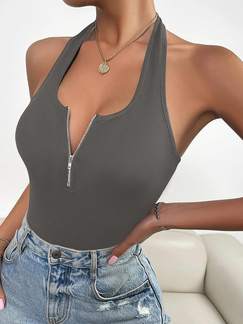 Women'S Solid Zipper Halter Neck Backless Top, Summer Clothes Women, Street Fashion Casual Sleeveless Top for Daily Outdoor Wear, Women Clothing for Summer